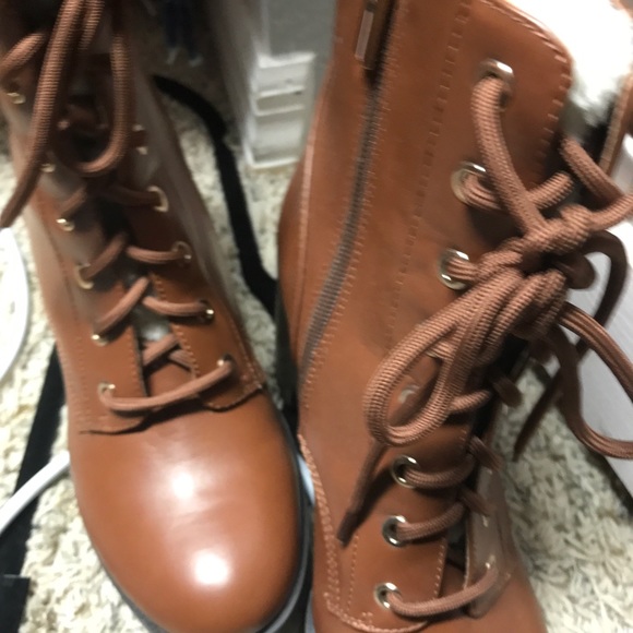 NWOT-camel color tan lace up booties with cozy insulation and tall chunky heel. - Picture 3 of 8